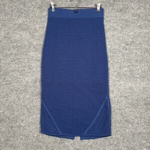 New Bebe Size Small Crochet Knit Midi Pencil Skirt Blue Nylon Blend Back Slit